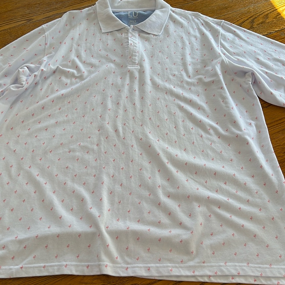 LU Linea Uomo white polo shirt with pink flamingo print. Size 3XLT
